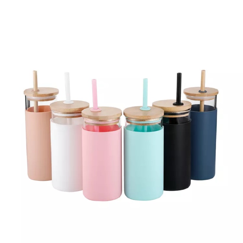 Glass Tumblers with Insulator Silicone Sleeve Glass tumbler with leakproof bamboo lid and bamboo straw 6 silicone sleeve