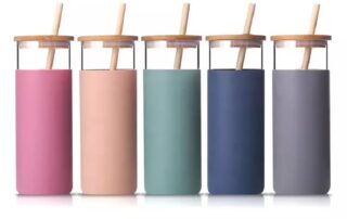 Glass Tumblers with Insulator Silicone Sleeve Glass tumbler with leakproof bamboo lid and bamboo straw 6 silicone sleeve