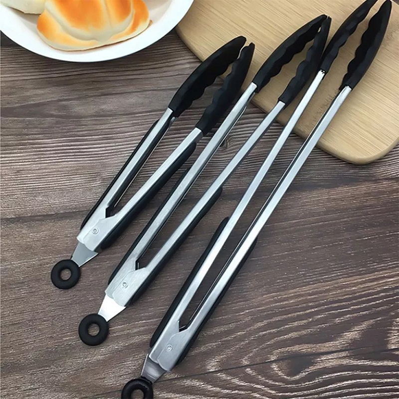 9" Silicone Stainless Steel Food Tong BBQ Grilling Tong Serving Tong Kitchen Barbecue Tool  