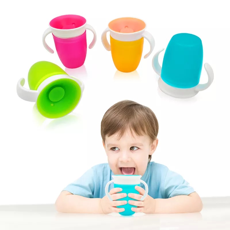 360 Baby Learning Drinking Silicone Cup with Double Handle Flip Degrees Leakproof Kids Water Feeding Bottle 