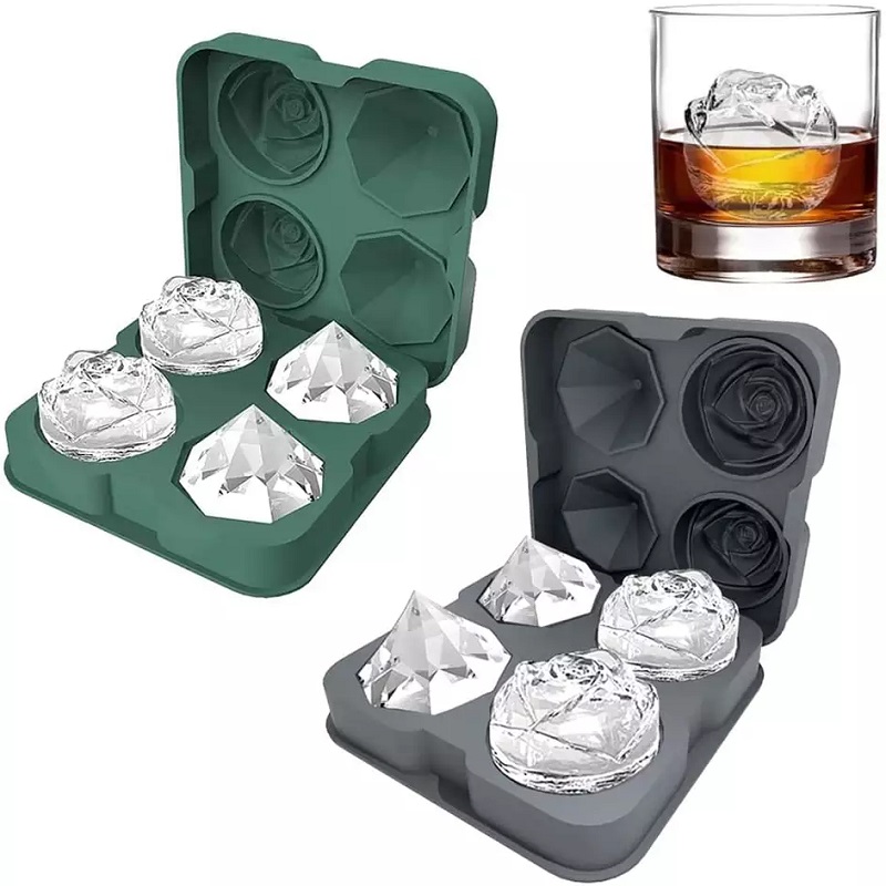 Factory Selling BPA Free 2 Ice Rose 2 Diamond Silicone Ice Cube Tray 3D Silicone Rose Shape Ice Cube Mold