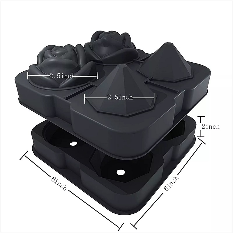 Factory Selling BPA Free 2 Ice Rose 2 Diamond Silicone Ice Cube Tray 3D Silicone Rose Shape Ice Cube Mold