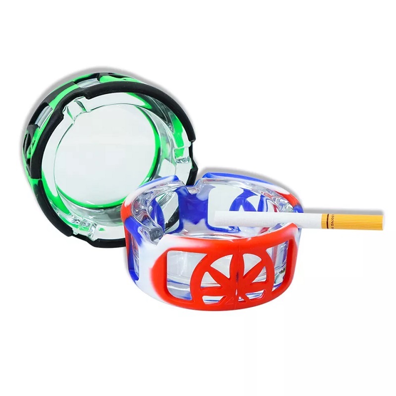 New Design Glass Ashtray With Silicone Cover Round Glass Ashtray Anti Collision Cigar Ashtray