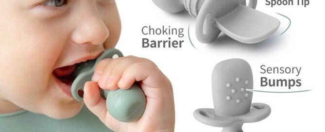 Silicone Baby Spoons Self Feeding First Stage Baby Led Weaning Feeding Supplies Rubber Tool Handle Dip