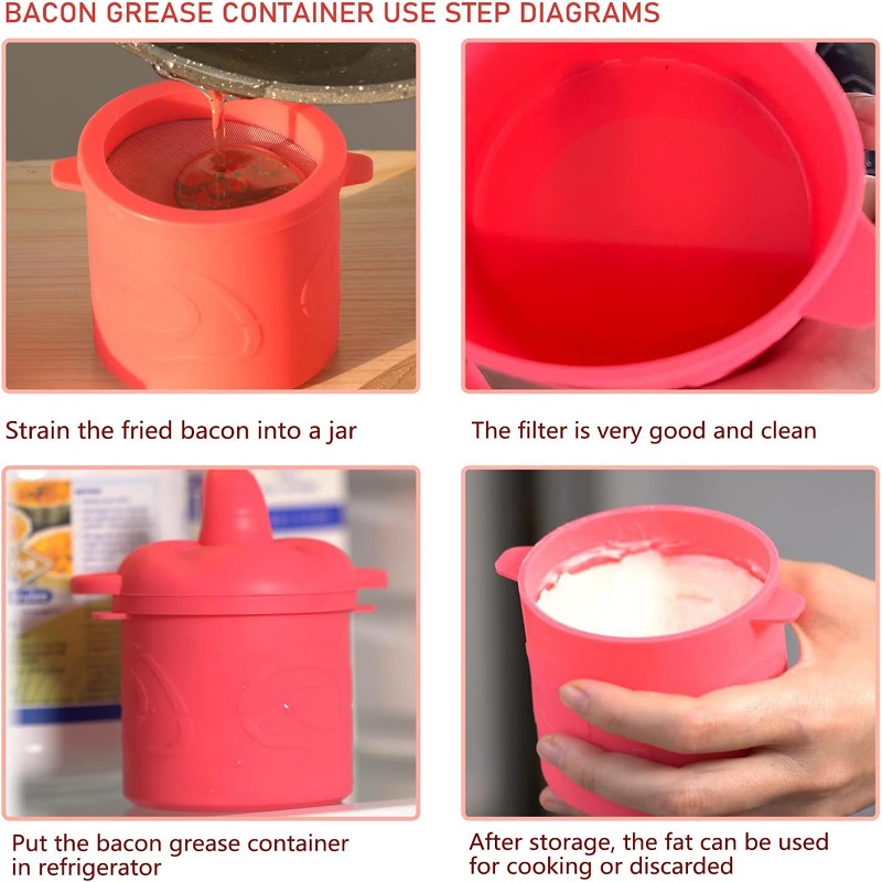 Silicone Bacon Grease Container with Fine Mesh Strainer 8 OZ Bacon Grease Keeper for Storing Frying Oil