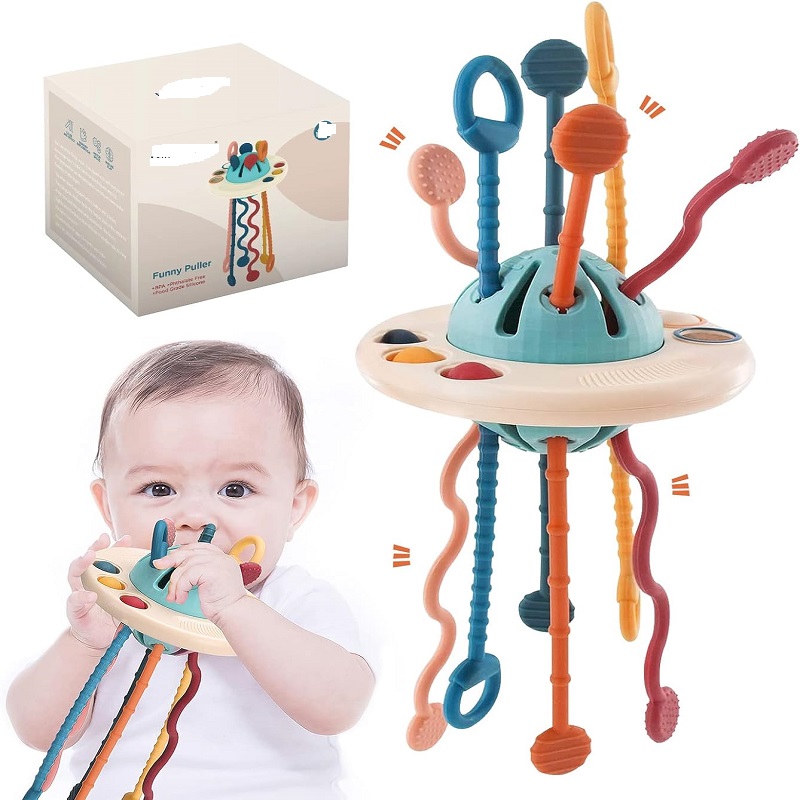 Travel Pull String Activity Toy for Babies Sensory Toys Fine Motor Skills Toys, Food-Grade Silicone Fidget Infants Toys