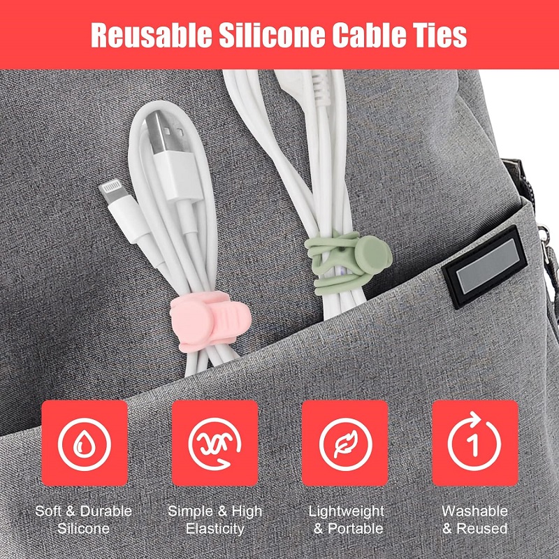 Silicone Cable Ties Reusable Cord Ties for Electrical Cords Bundling Fastening Charging Cords Earphone Cable